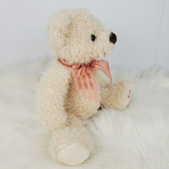 Fao Schwarz Cream Fuzzy Peach Striped Bow Teddy Bear Plush 9.5" NWT - Picture 4 of 14
